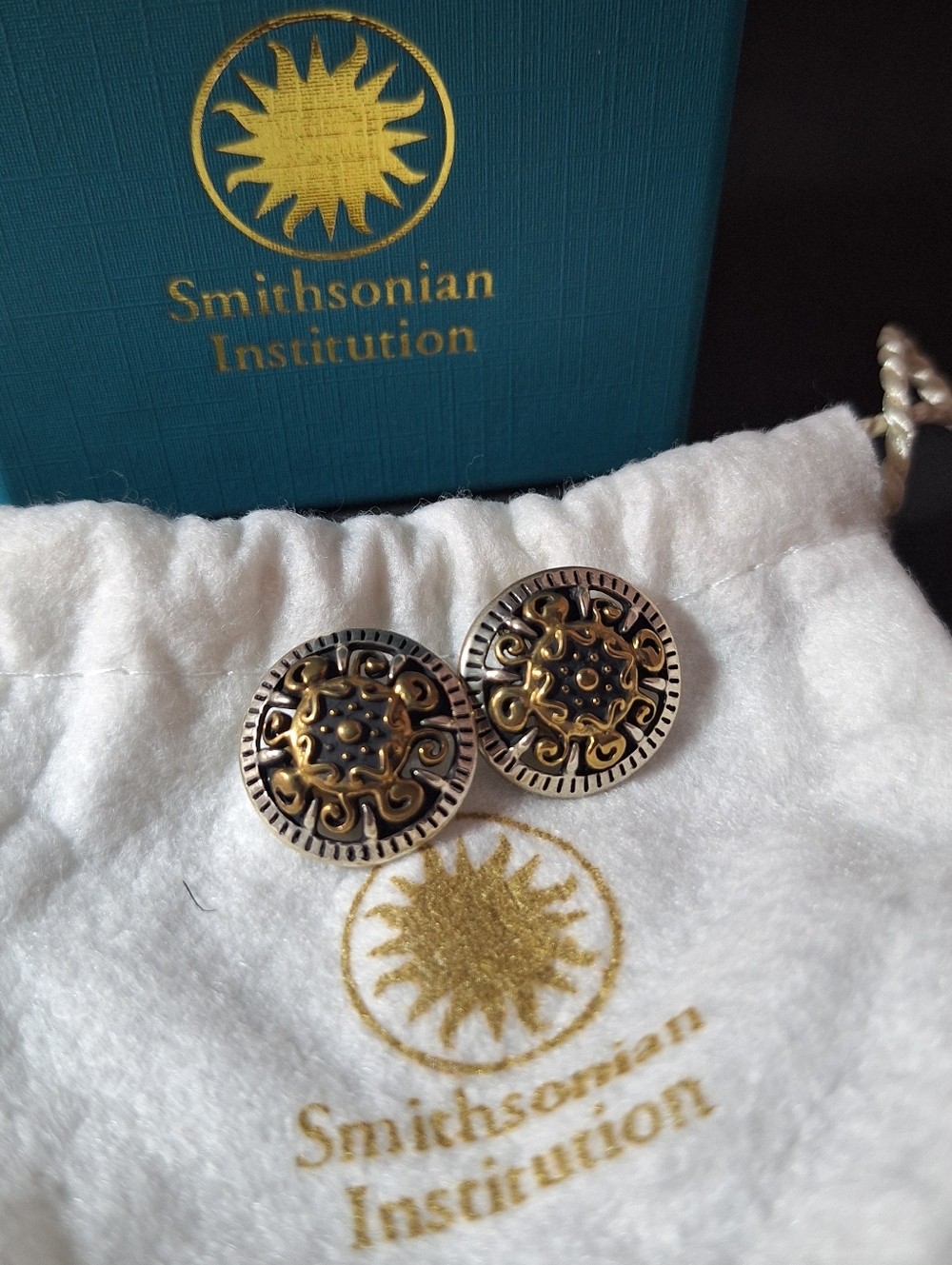 Smithsonian Two-Tone Sunburst Button Earrings -brass & Silver, Clip On